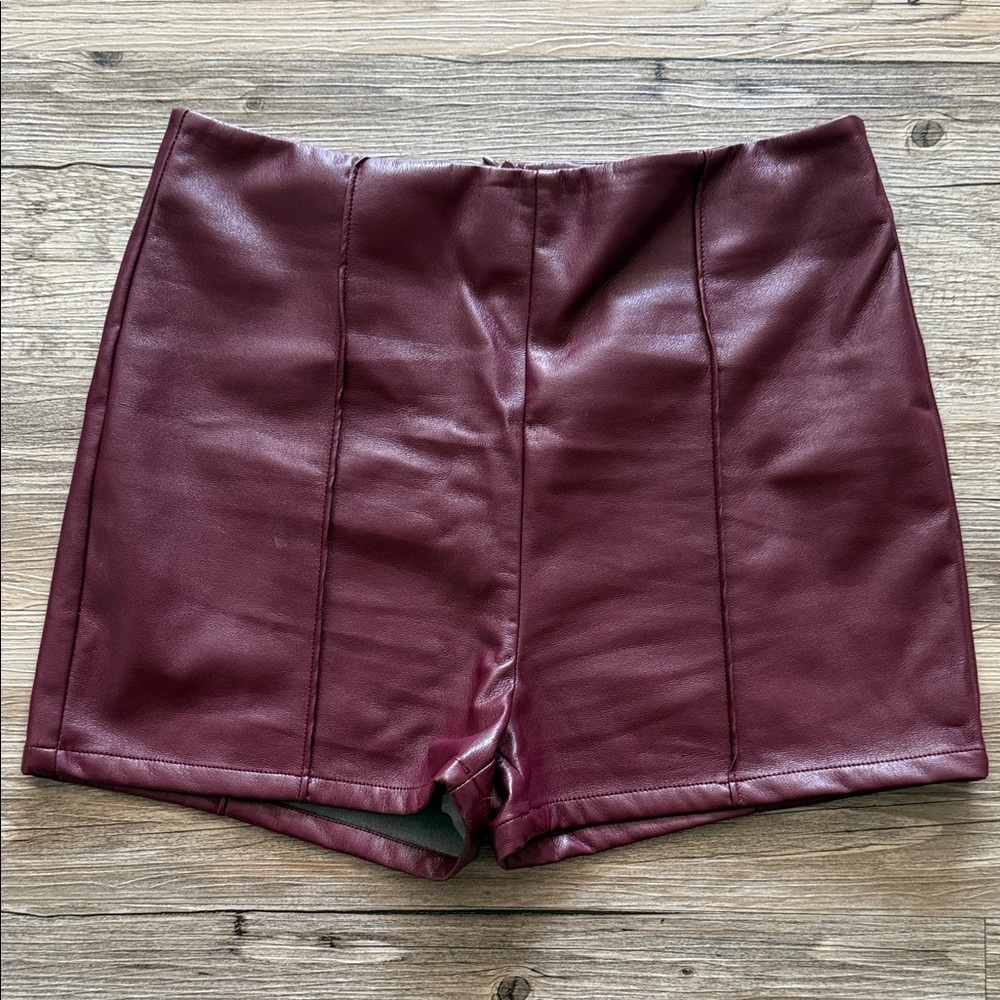 Akira high waisted burgandy leather shorts